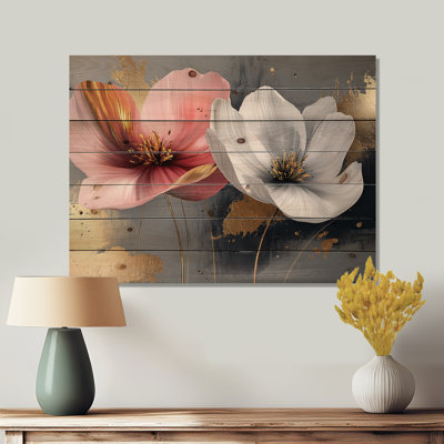 Pink And White Hibiscus Pure Form - Hibiscus Wood Wall Decor - On Natural Pine Wood