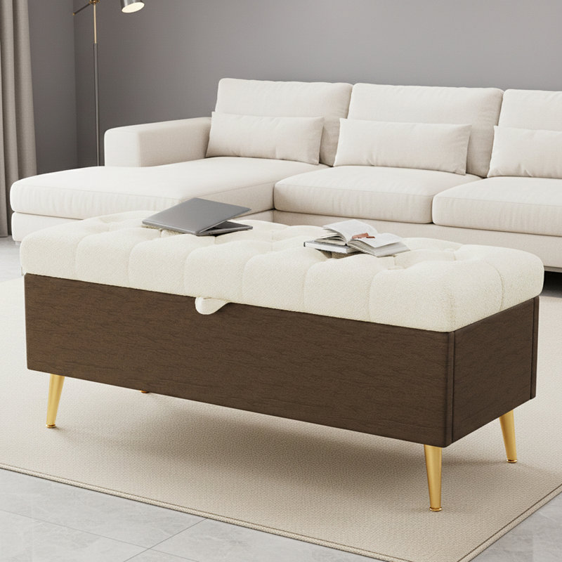 Banc avec repose-pieds moderne avec amplement d'espace de rangement, coussin capitonné et pieds en métal, Beige