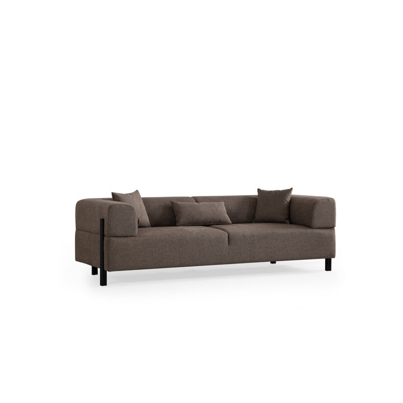 Canapé moderne 3 places Mehruddin, tissu brun, 88,6 po x 36,6 po x 29,5 po | Structure robuste en bois de hêtre et en carton, 100% polyester, nettoyage à sec | Coussins de dossier en mousse et en silicone gris doux | Pieds élégants en métal noir pour les salons contemporains