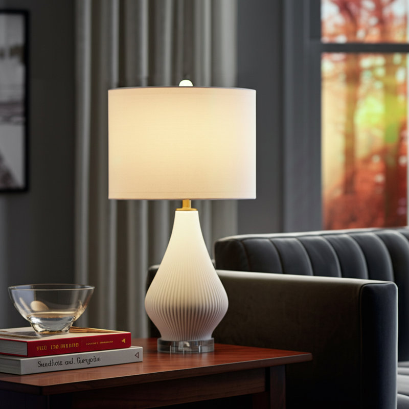 Table Lamp Stoneware Porcelain Ribbed Base Fabric Shade Modern Glam Accent For Bedroom Living Room Home Office Lighting Decor - 24" White