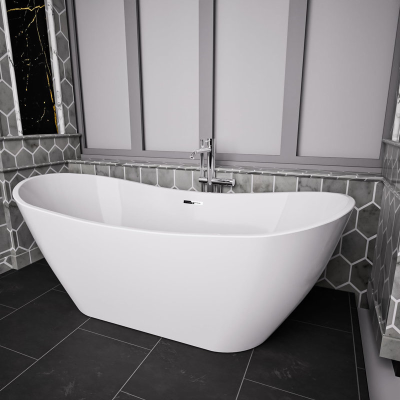 Baignoire de trempage autoportante 67 po en acrylique avec finition blanche brillante, forme ovale