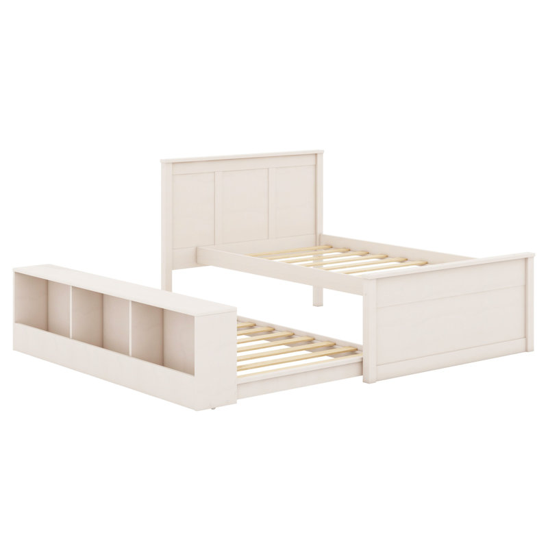 Lit plateforme en bois robuste avec lit gigogne et tablettes de rangement durables, Lit simple, Cream White