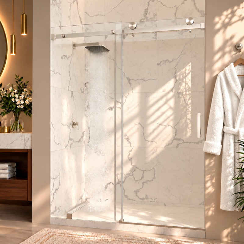 Porte de douche coulissante sans cadre Serenity 62"-66" L x 76" H avec verre clair de 3/8" (10 mm) en nickel brossé