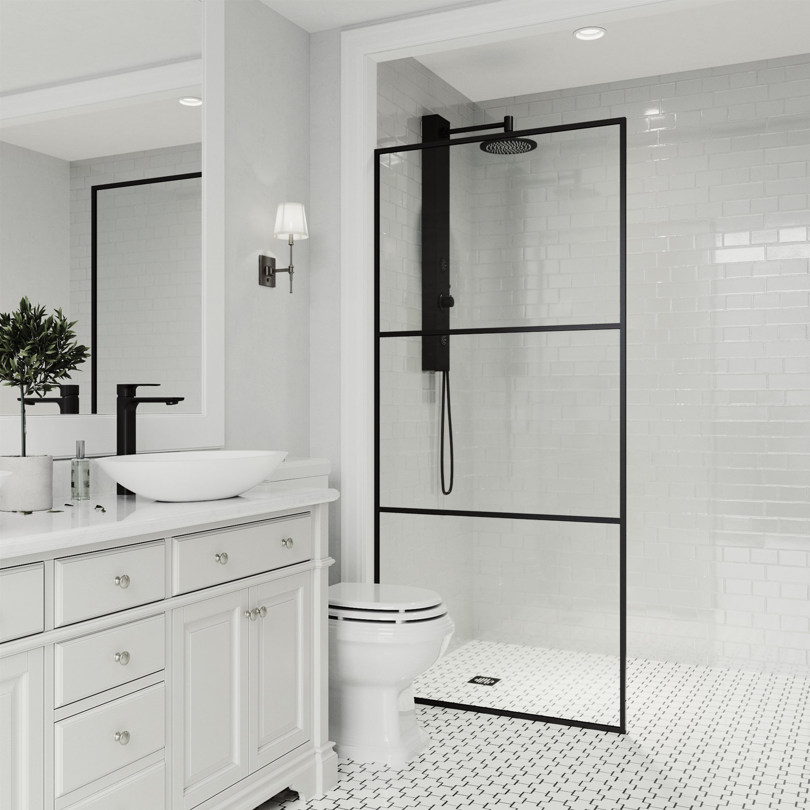 Divide Striped Glass Framed Shower Screen, Matte Black Clear