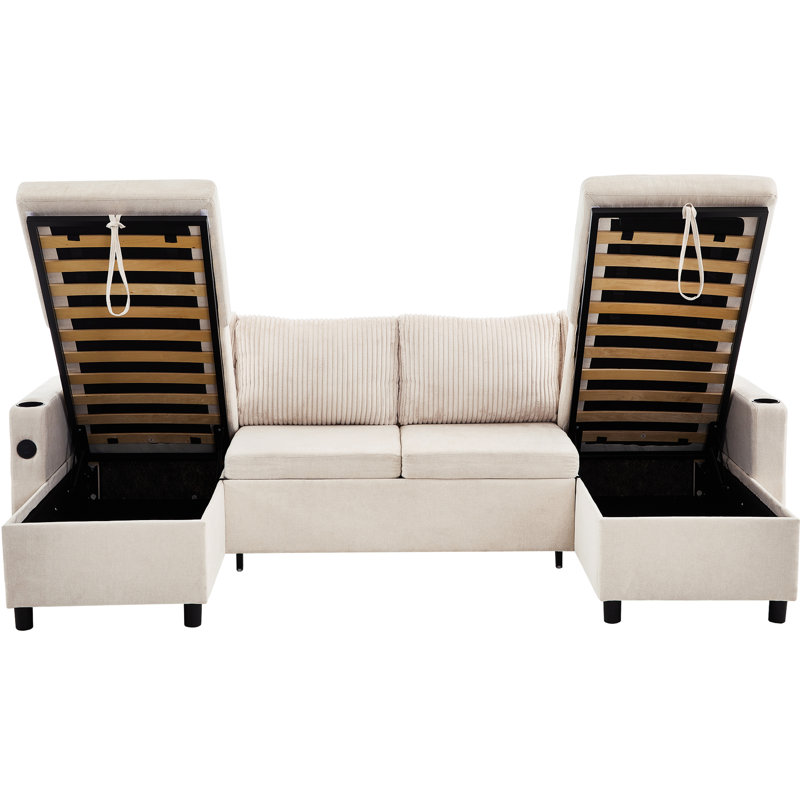 Canapé-lit modulaire de 113,4 pouces avec rangement, ports USB et porte-gobelets pour les salons modernes., Beige