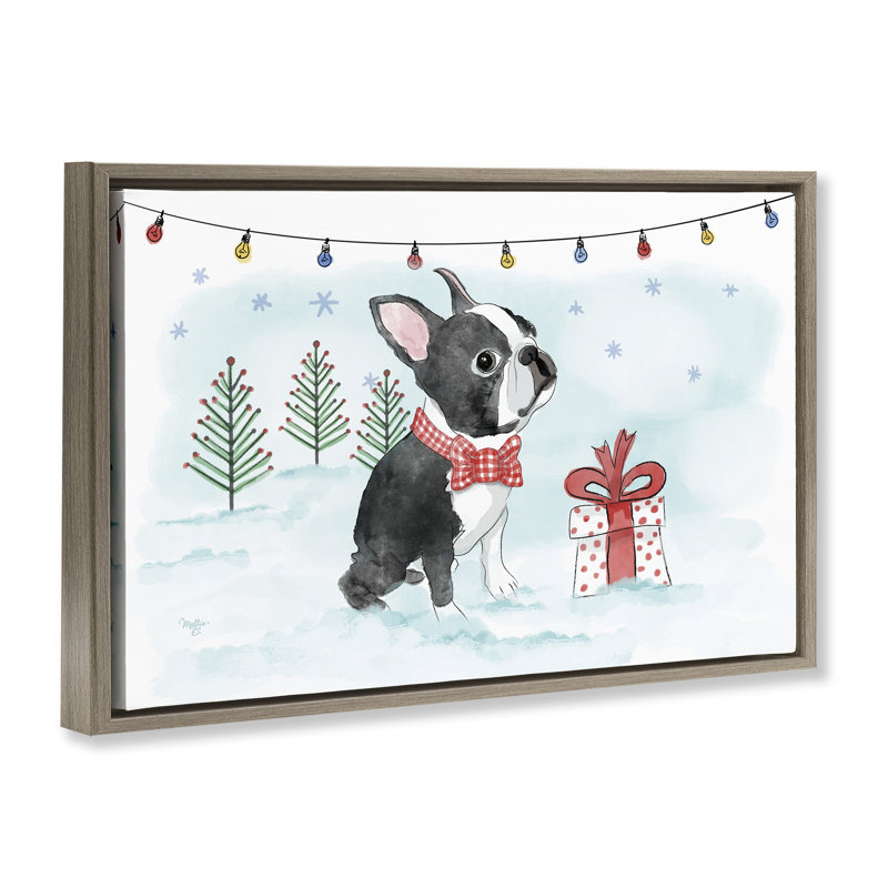 «Snowy Boston Terrier» par Mollie B., Cadre flottant orme Montalcino, H 17 po x l 25 po
