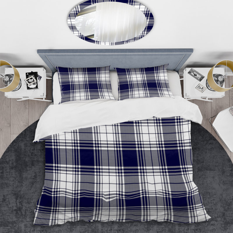 Tartan à carreaux blanc et bleu - Ensemble de housse de couette abstrait - Microfibre de polyester