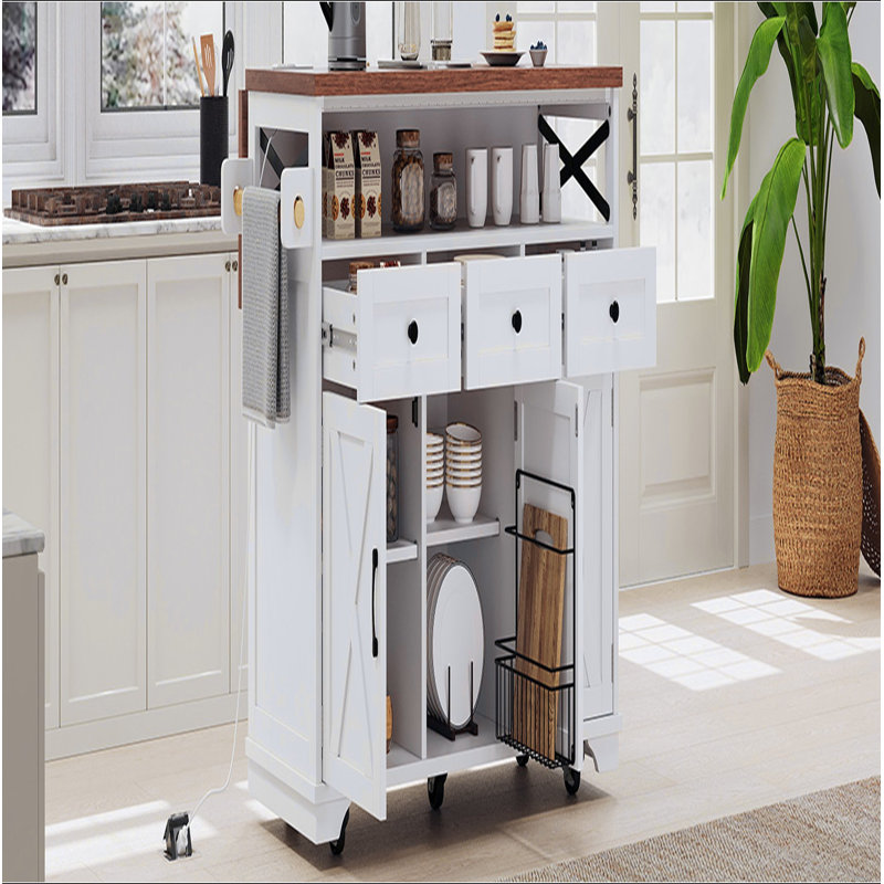 46.5'' Farmhouse Kitchen Island with Drape of Beads, Power Outlet, Rolling Kitchen Cart on Wheels with Drop Leaf, 3 Doors , 3 Drawers and Internal Iron Shelf, for Kitchen, Dining Room