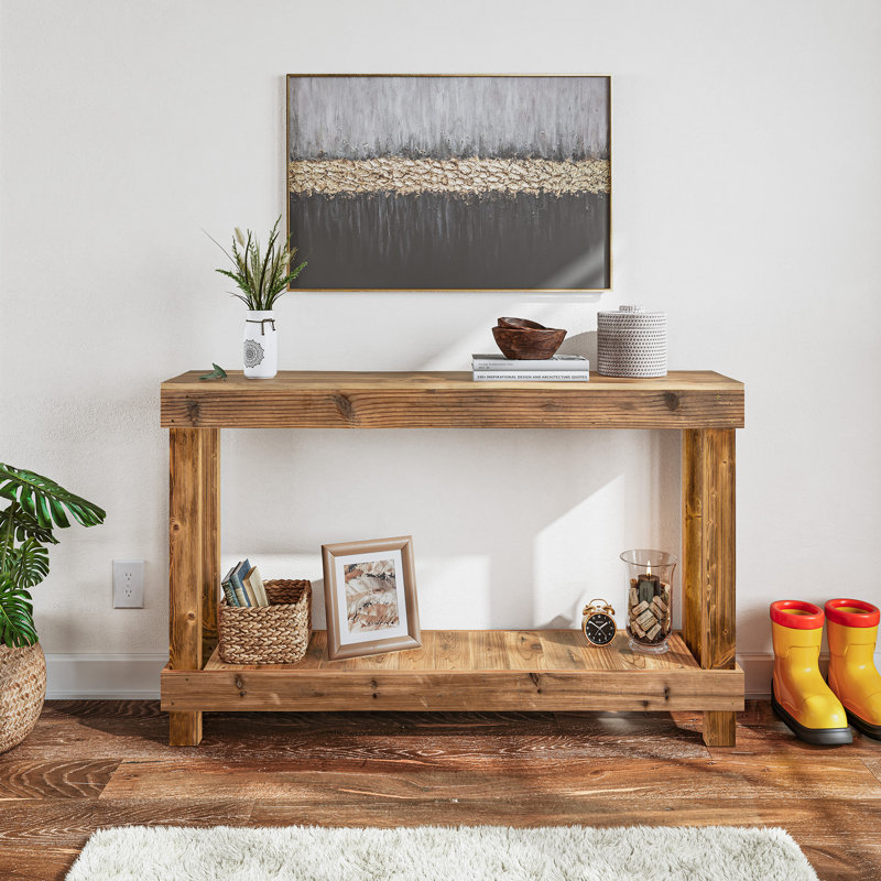 46" x 10" Solid Wood Console Table （Natural Wood）, Brown, 28" H x 46" W x 10" D