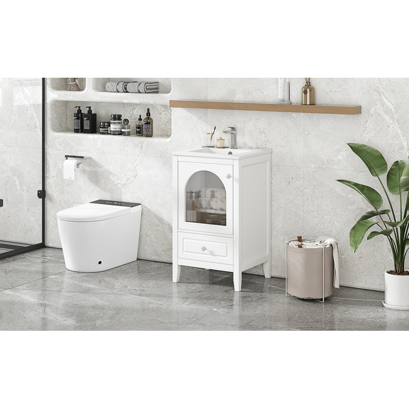 Meuble-lavabo de 20 po avec lavabo, armoire de salle de bain avec porte en verre à fermeture douce, tiroir, Blanc