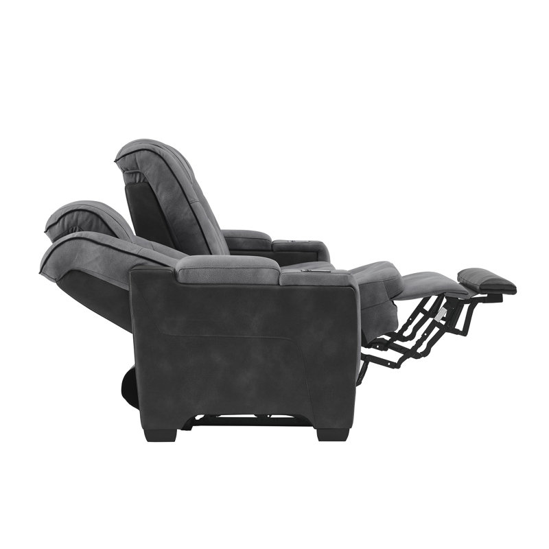  Canapé inclinable électrique 2 places avec appui-tête réglable, repose-pieds et console de rangement, tissu en microfibre, recharge sans fil, porte-gobelet pour le salon (gris)