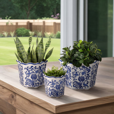 Bethony Decorative Stoneware Ceramic Planter Set with Intricate Detailing Durable Handmade Design Accent Containers for Indoor Outdoor Display Versatile Home Decor Plant Holders Set of 3