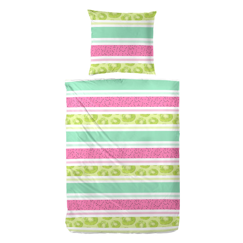 Dupuis  Cotton 144 TC 2 Piece Duvet Cover Set, Green/Pink, 155 x 220cm Duvet Cover + 1 Pillowcase