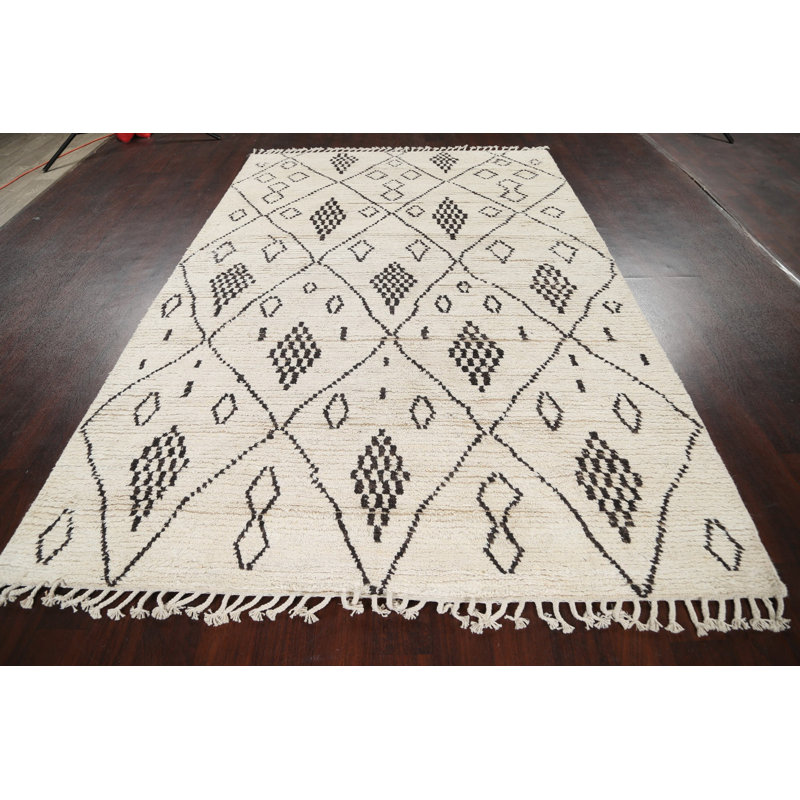 Tapis ivoire en laine noué à la main de conception unique 6 pi 1 po x 9 pi 4 po New Age