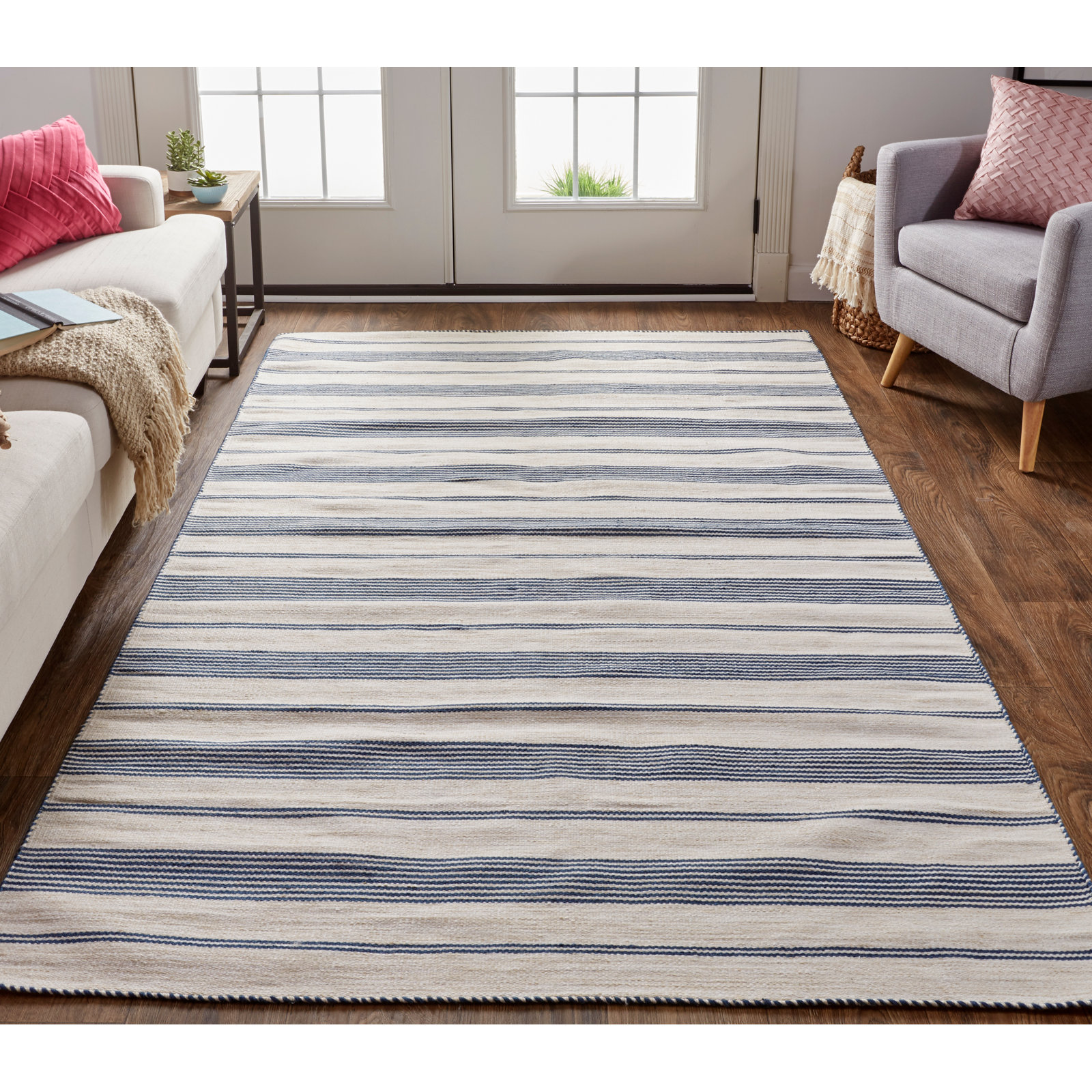 Perci Navy Hand-Woven Striped Rug, Rectangle 4' x 6'