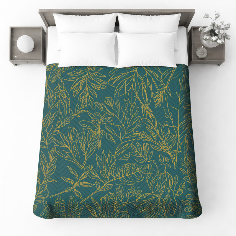 Couvre-lit matelassé à motif de feuilles jaune toutes tailles, Lit simple