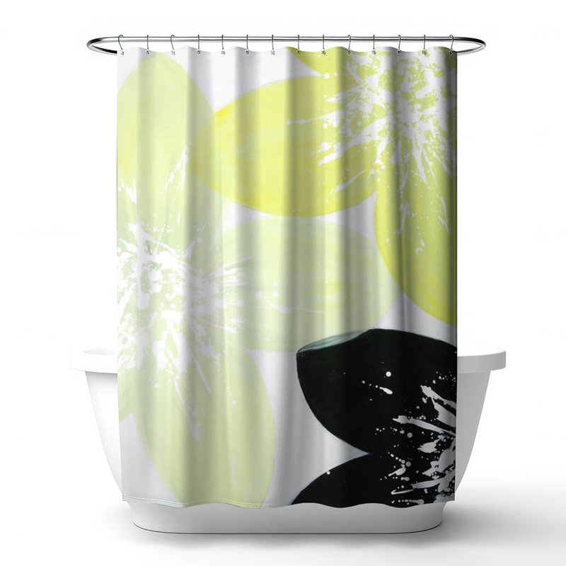 Yellow Floral Botanical – Polyester Shower Curtain, Dye Sublimation Print, 71" W × 74" L, White/Yellow/Black Floral 38