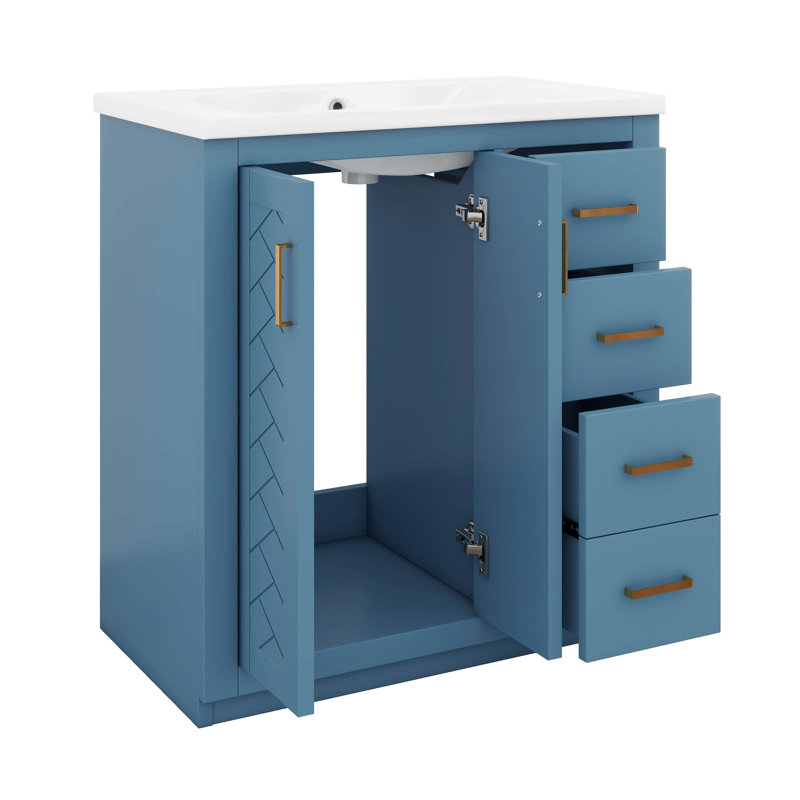 Meuble-lavabo de 30 po avec lavabo en céramique, armoire de rangement moderne à 3 tiroirs et 2 portes, meuble-lavabo autoportant, fermeture en douceur
