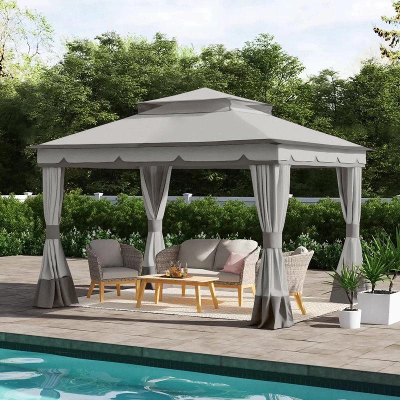 Sunjoy Soft Top Gazebo 11 ft. x 13 ft. Steel Gazebo with 2-Tier Hip Roof,Netting and Curtain,Metal Structure, Gray