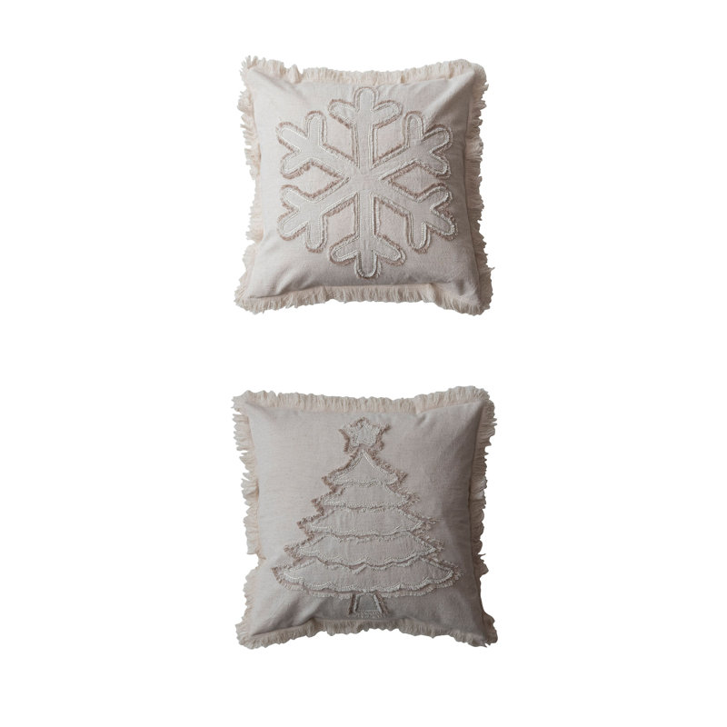 Coussin en coton tissé et lin avec arbre de Noël appliqué et flocon de neige, fil métallique et frange