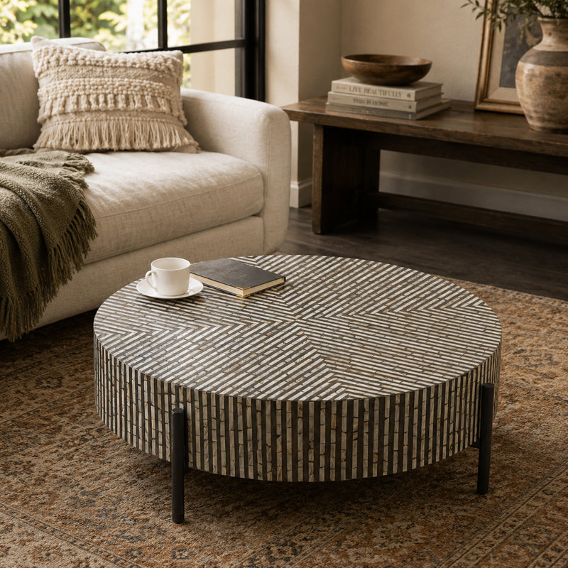 Maly Round Mother of Pearl Coffee Table, Black/White Top/Black Base