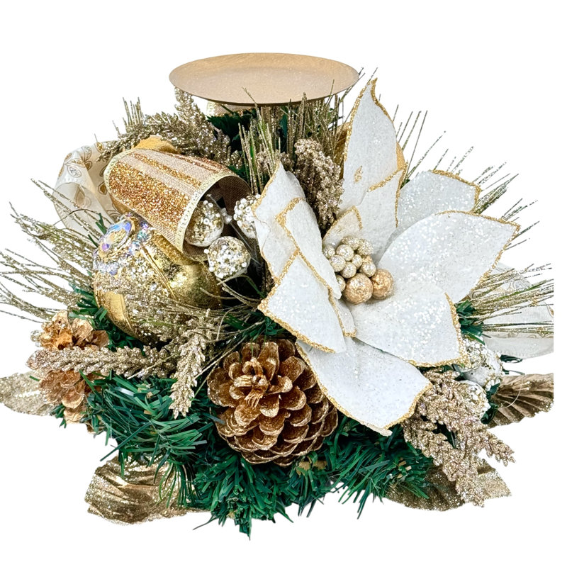 Porte-bougie simple mèche poinsettia or blanc
