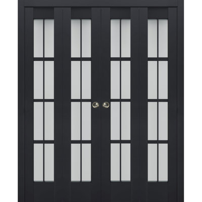 Sliding Closet Double Bi-fold Doors 72" x 96" (4* 18x96) Veregio 7412 Anthracite with Frosted Glass Sturdy Tracks Moldings Trims Hardware Set Wood Solid Bedroom Wardrobe Doors