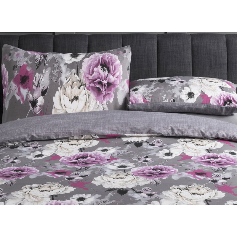 Maiorano Floral Duvet Cover Set with Pillowcases, Single - 1 Pillowcase (80 x 80 cm), Grey