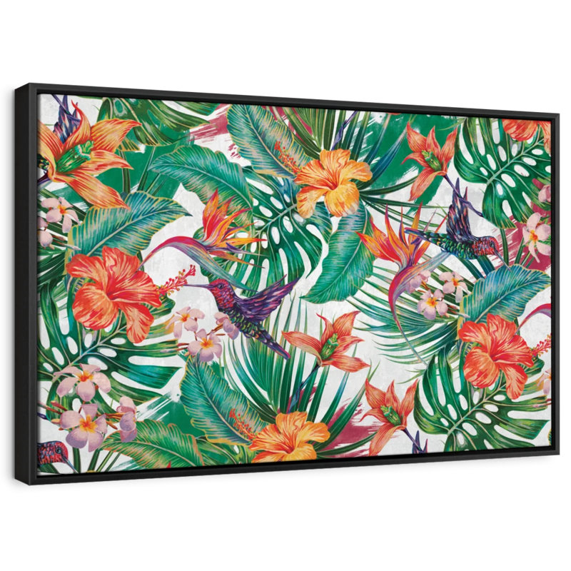 Impression sur toile de colibris tropicaux et de fleurs, H 29 po x l 43 po