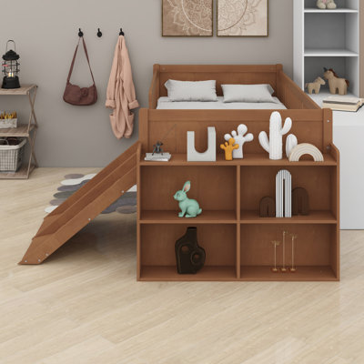 Base de lit plateforme avec tablette de rangement, glissoire, échelle et barrière de sécurité
