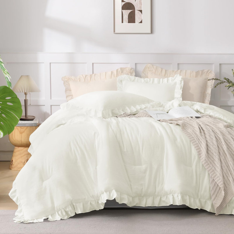 Andency Oversized King Ruffle Comforter Set 120x120, 3 Pieces Ivory Lightweight Fluffy Super King Bedding Set, Shabby Chic Famhouse All Season Bed Set for Girls Women