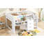 Lit mezzanine double pleine grandeur avec bureau intégré, armoires de rangement et bibliothèque ouverte, tableau blanc pour graffiti-125035529