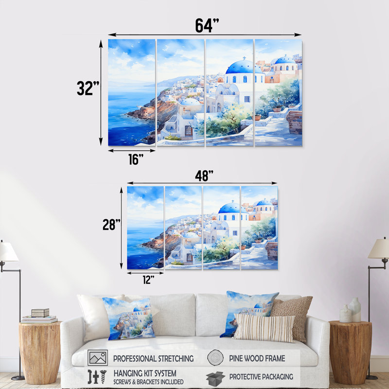 Ensemble d'art mural bleu et blanc Santorini Village II - Grèce 4 pièces, H 28 po x l 48 po
