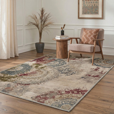 Abdul Modern Abstract Machine Washable Red / Beige / Blue Indoor Area Rug with Non-Slip Backing