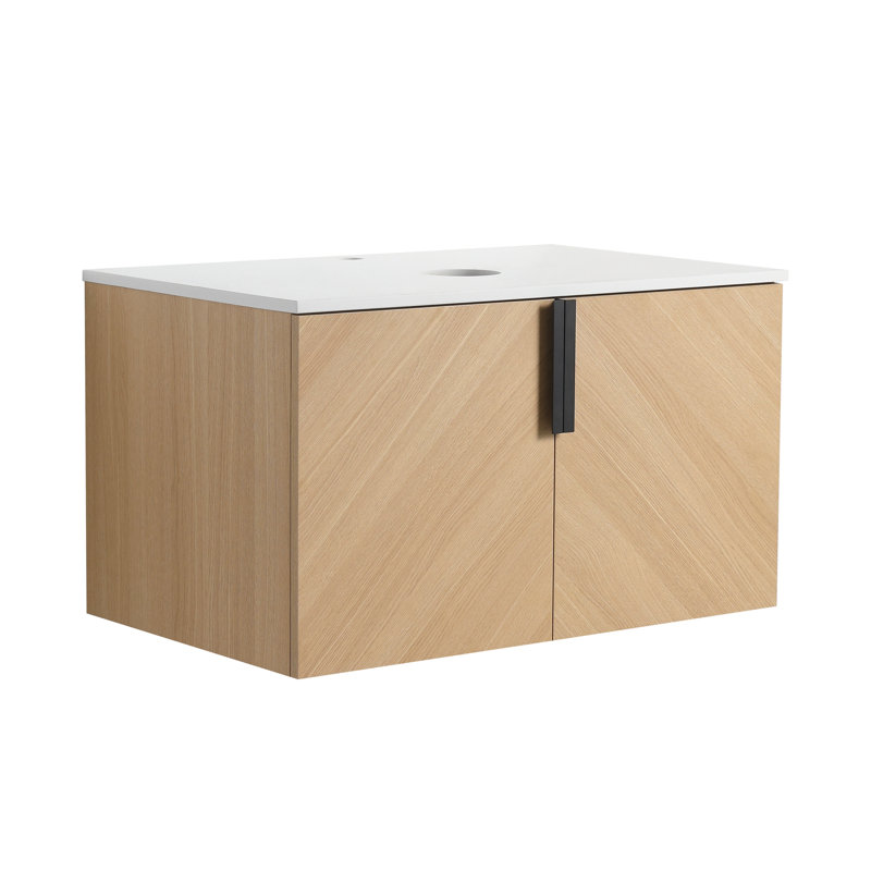 Meuble-lavabo mural 30 po pour la salle de bain, 2 portes à fermeture douce, dalle de pierre artificielle, finition chêne, meuble-lavabo Quiet utilisant l'expérience, 30 po, contreplaqué, Modern Grace