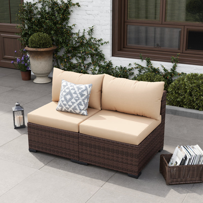 Chaises de patio d'extérieur sans accoudoirs en osier avec coussins 2 places, Beige