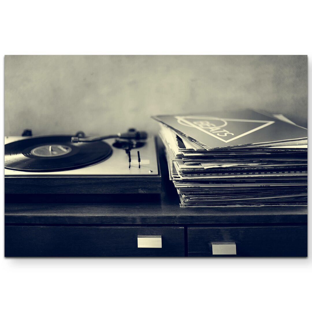 Turntable with Records Print on Canvas black,gray