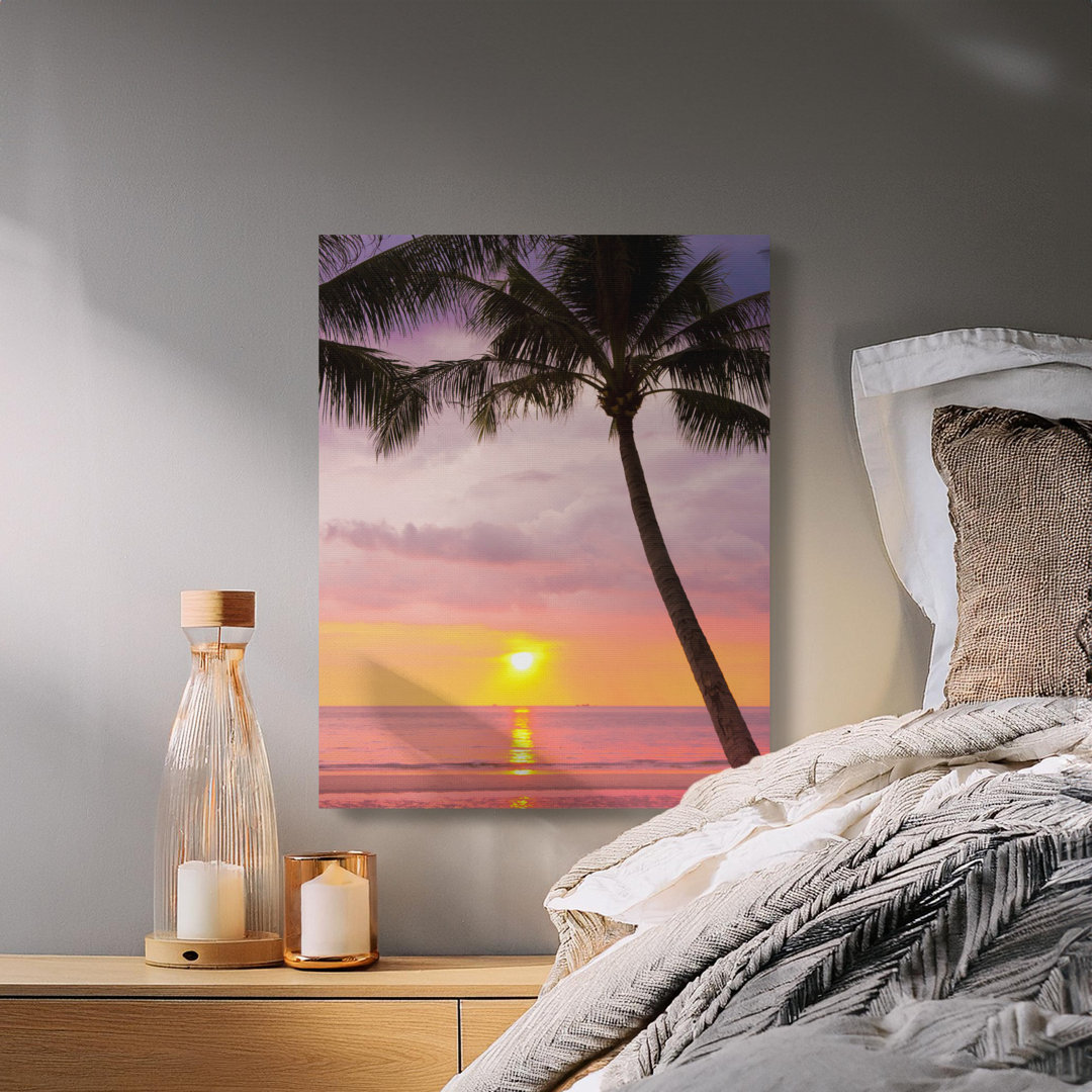 Tropical Sunset Palm Tree Canvas Wall Art, Vibrant Beach Ocean Decor, Coastal Home Gift, Serene Pink Purple Orange Art Print