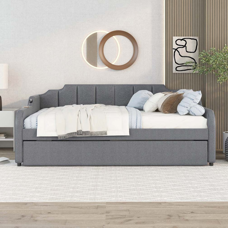 Upholstery Daybed with Trundle and USB Charging Design