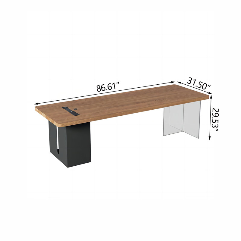 Bureau d'écriture rectangulaire brun en bois massif, H 29,53 po x l 86,61 po x P 31,5 po