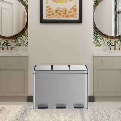 Poubelle à pédale de recyclage à 3 compartiments, 3 x 3,96 gallons, en acier inoxydable pour bureau personnel