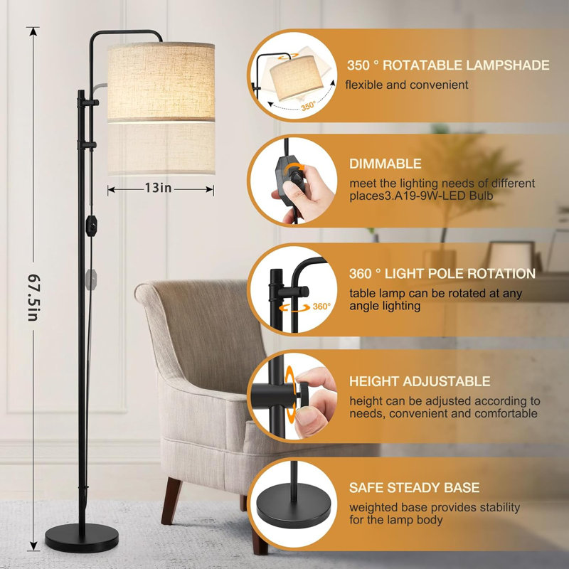 Lampes sur pied à hauteur réglable avec abat-jour beige pivotant à 350 °