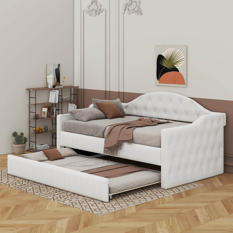 Twin Tufted Velvet Upholstered Daybed With Trundle, Beige