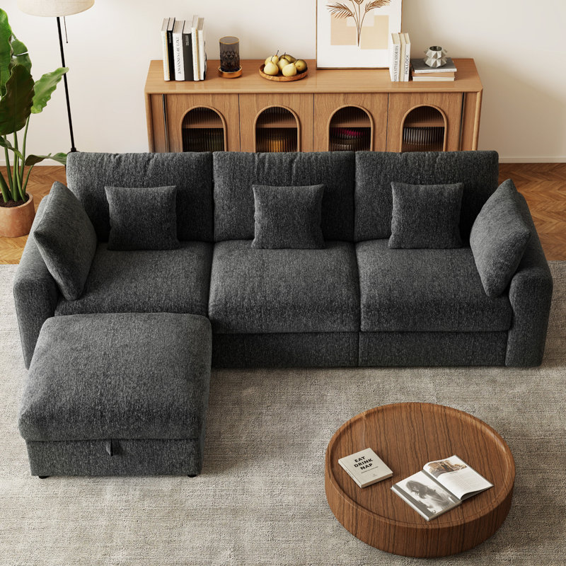 Canapé modulaire à 3 places avec repose-pieds avec rangement Aarden Pure Cloud, Forme en L, Gris