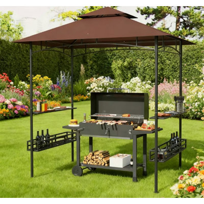 2-Tier Outdoor BBQ Gazebo,BBQ Grill Gazebo,With 2 Side Shelves,Storage Baskets,Ceiling Hook