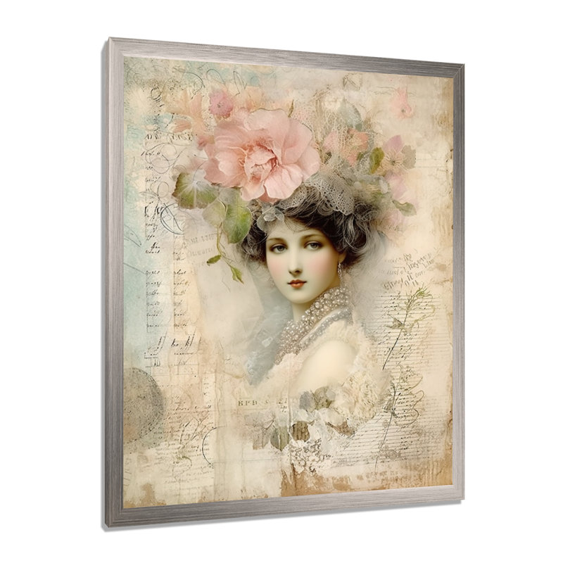 Victorian Lady Pink Roses, impression rustique sur toile, H 32 po x l 24 po x P 1 po, Cadre simple argenté