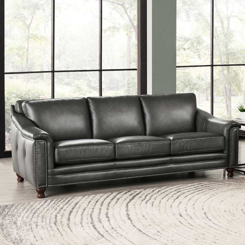 93,9 po Long canapé en cuir long avec accoudoirs élégants en bois de frêne, style moderne Mid-Century, accoudoirs carrés, coussins rembourrés en duvet