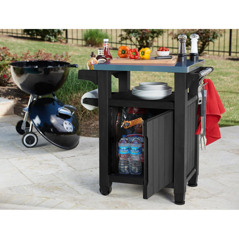 Keter Unity 40 Gal Patio Storage Grilling Bar Cart w/ Stainless Steel Top, Gray
