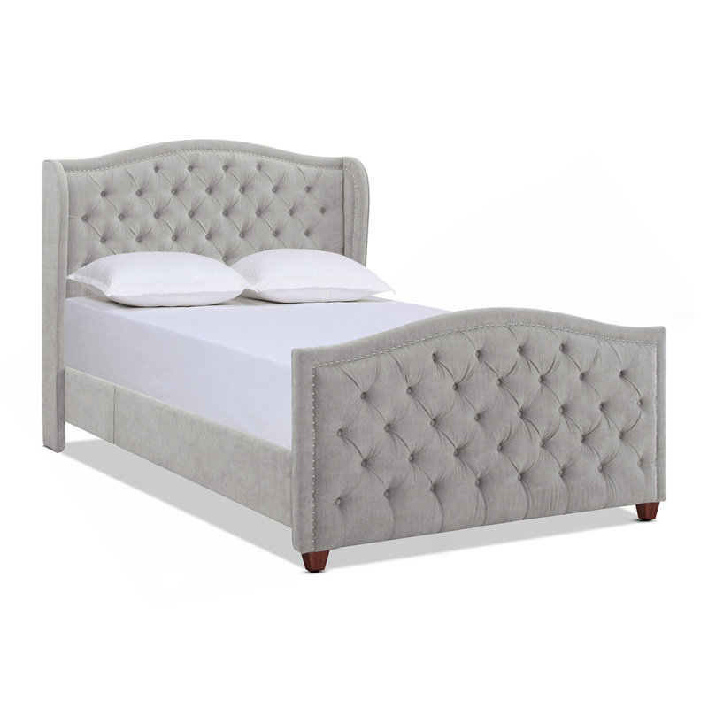 Ensemble de lit tête de lit tapissier Marcella, grand, polyester gris argenté, Grand lit, Gris argenté