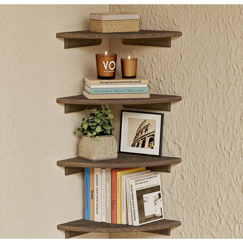 Floating Corner Bookshelf Set, Rustic Wall Mounted Shelves For Living Room, Bedroom, Kitchen, Office, And Closet Storage